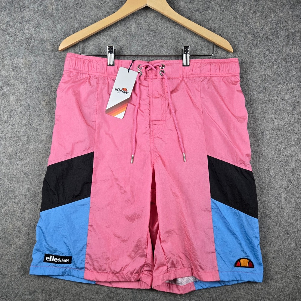 Ellesse Swim Shorts Mens XL Pink Colorblock Heritage Mesh Lined Board Shorts